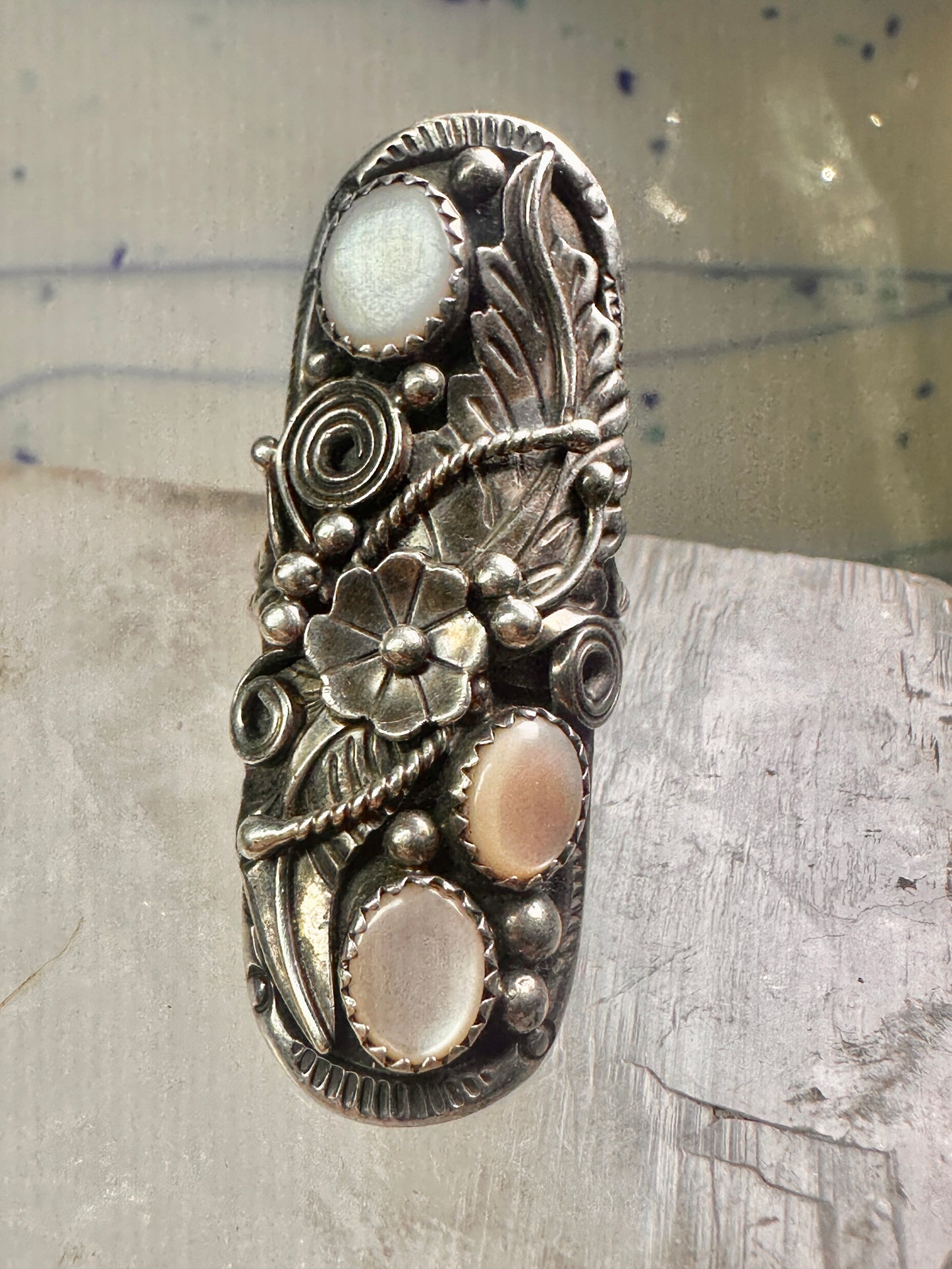 Long Navajo ring size 7.50 mop squash blossom leaves sterling silver women