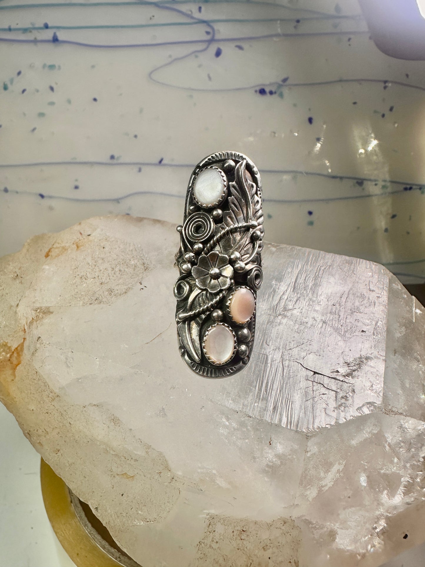 Long Navajo ring size 7.50 mop squash blossom leaves sterling silver women