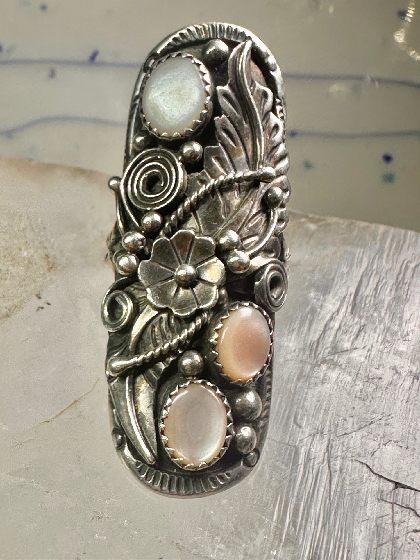 Long Navajo ring size 7.50 mop squash blossom leaves sterling silver women