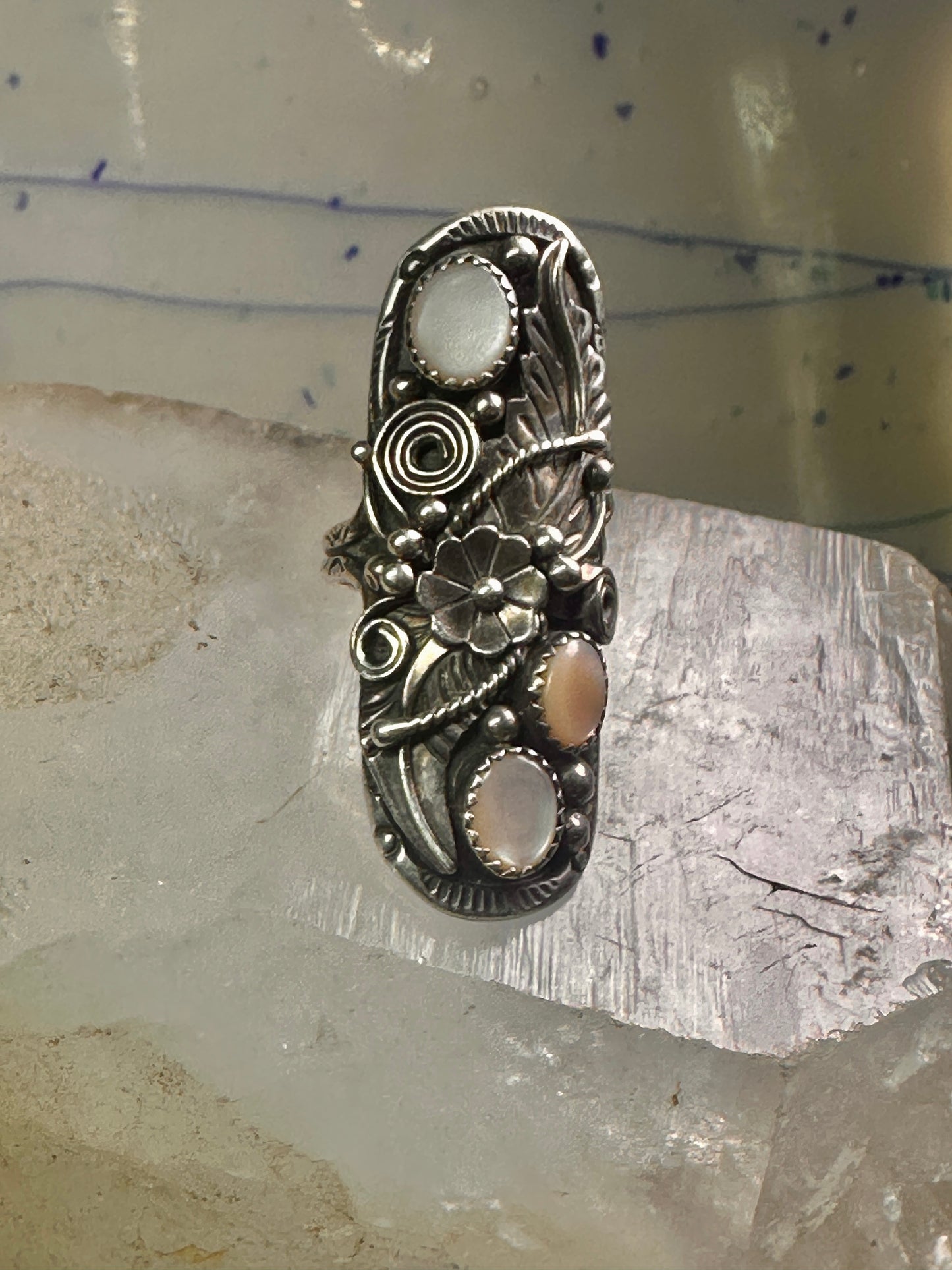 Long Navajo ring size 7.50 mop squash blossom leaves sterling silver women