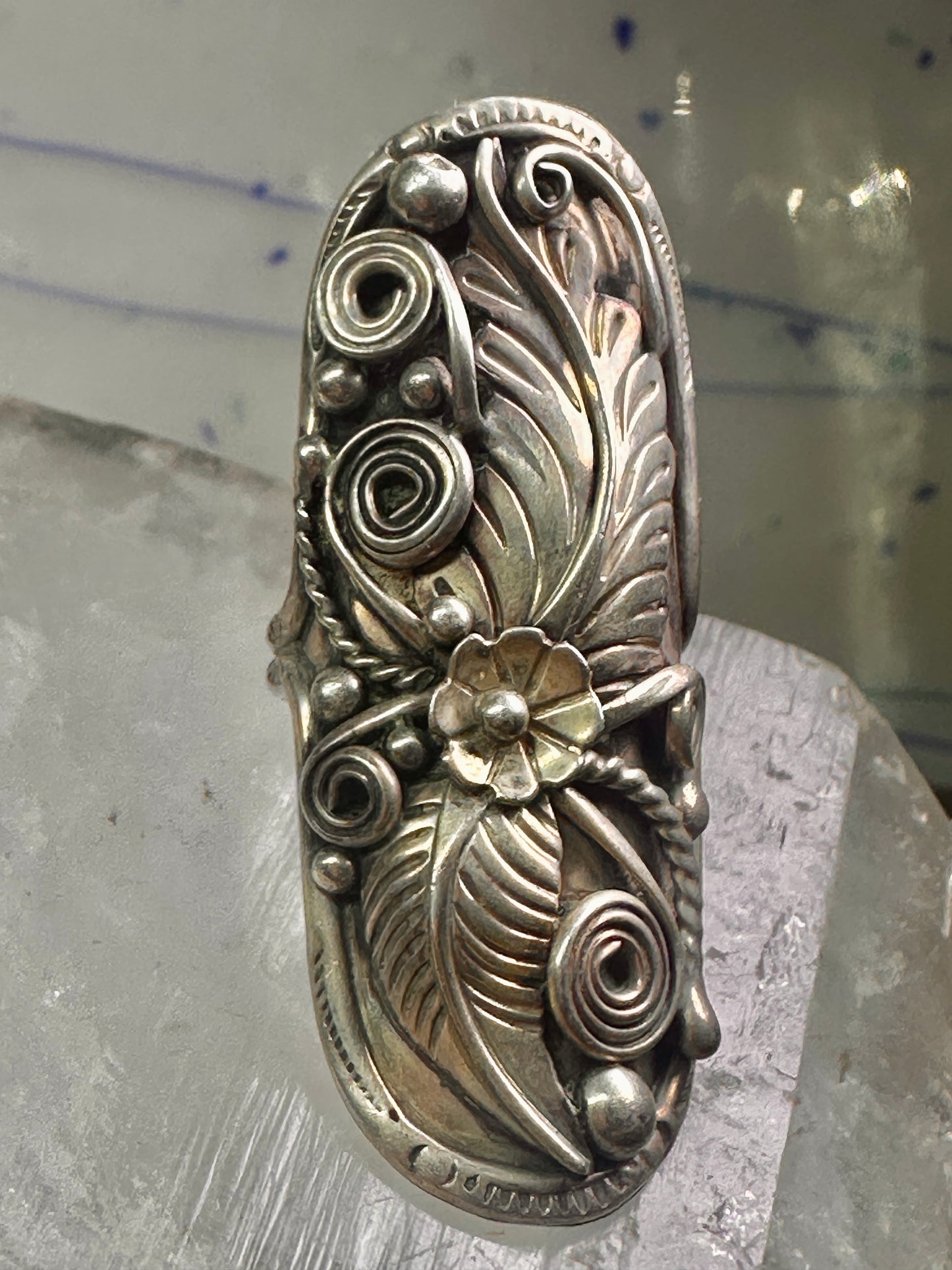 Long Navajo ring size 7.25 squash blossom leaves sterling silver women