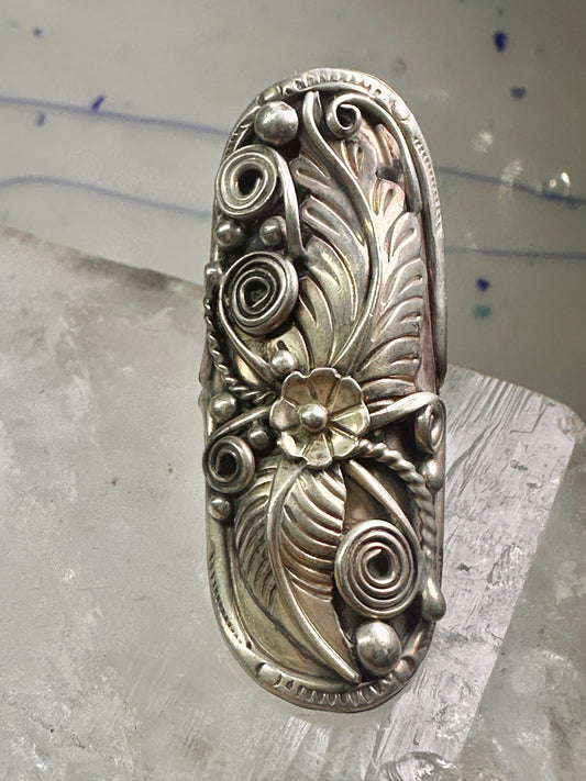 Long Navajo ring size 7.25 squash blossom leaves sterling silver women