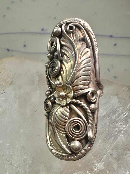 Long Navajo ring size 7.25 squash blossom leaves sterling silver women