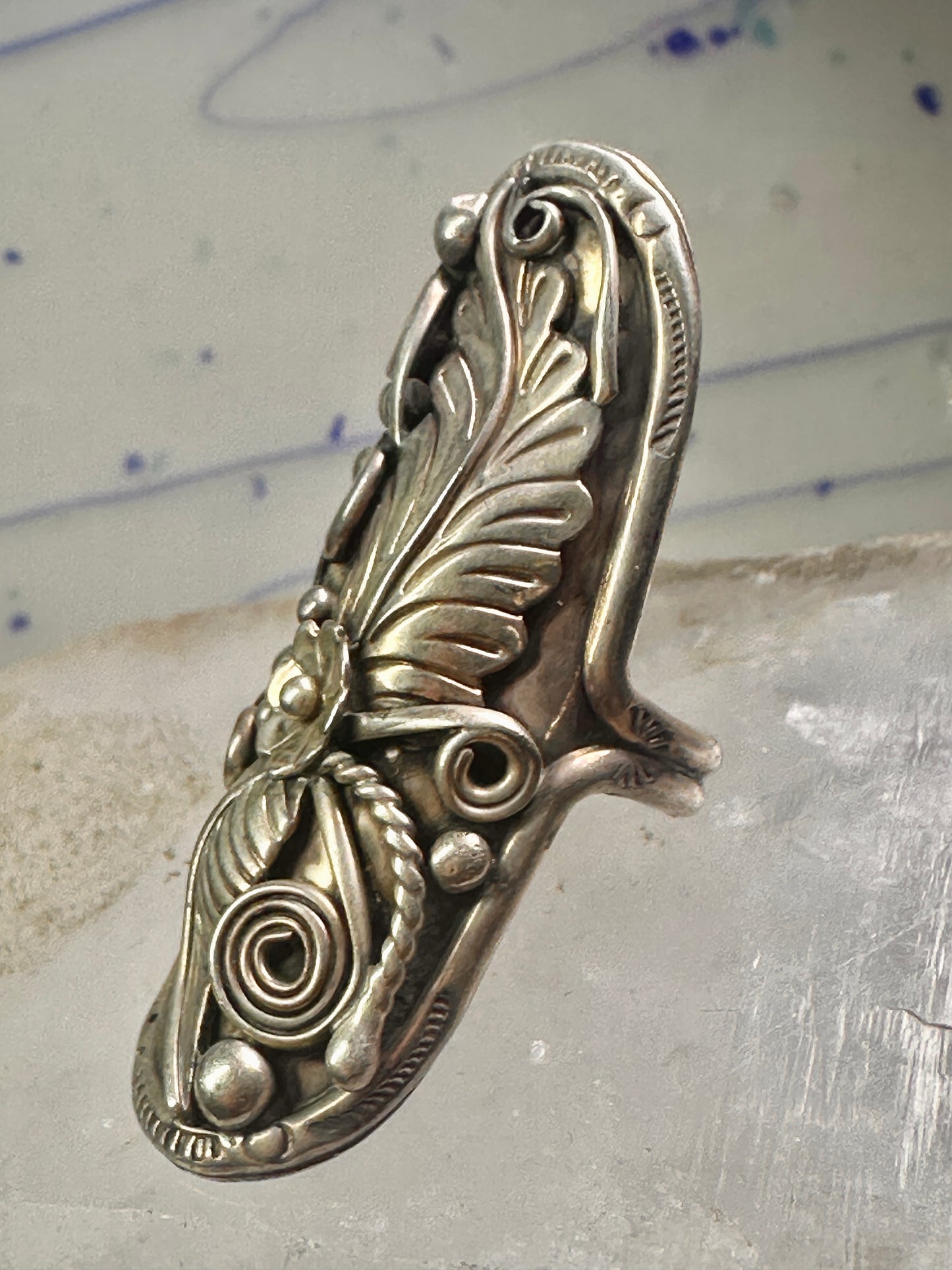 Long Navajo ring size 7.25 squash blossom leaves sterling silver women