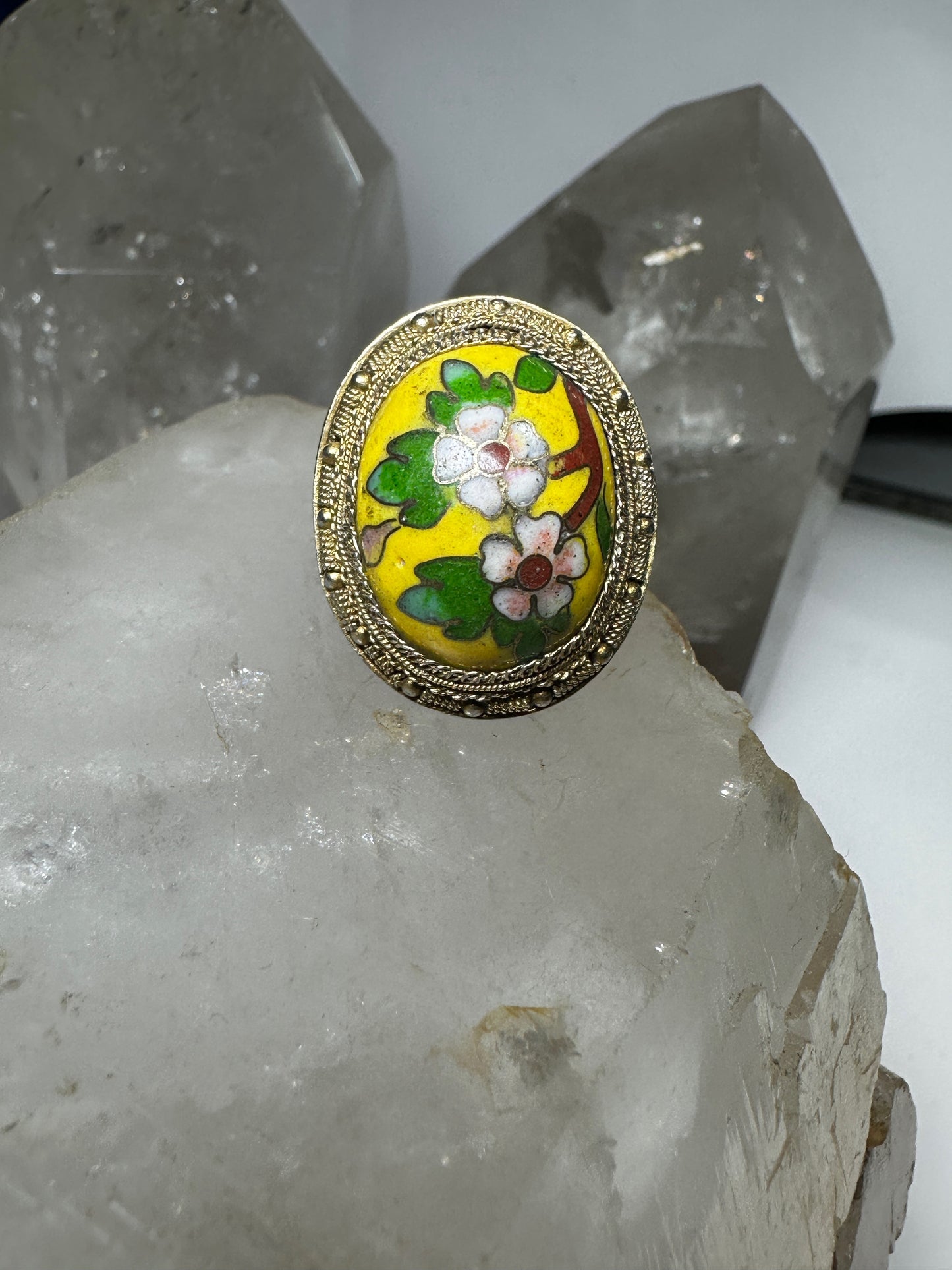 Floral ring size 8 enamel cloisonne Chinese export sterling silver  women girls
