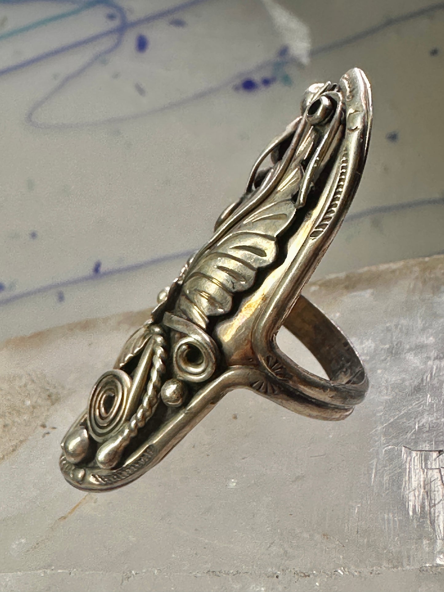 Long Navajo ring size 7.25 squash blossom leaves sterling silver women