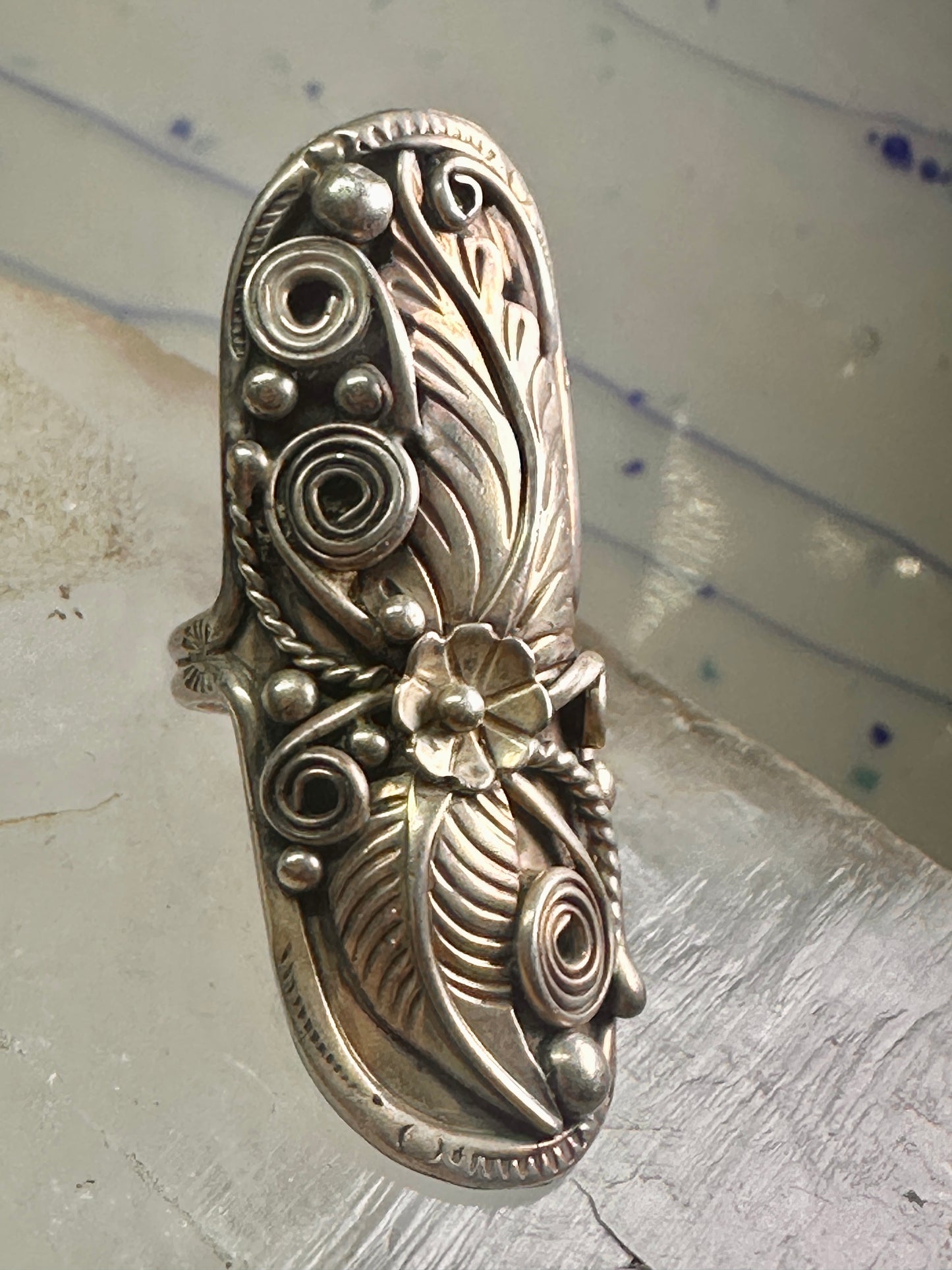 Long Navajo ring size 7.25 squash blossom leaves sterling silver women