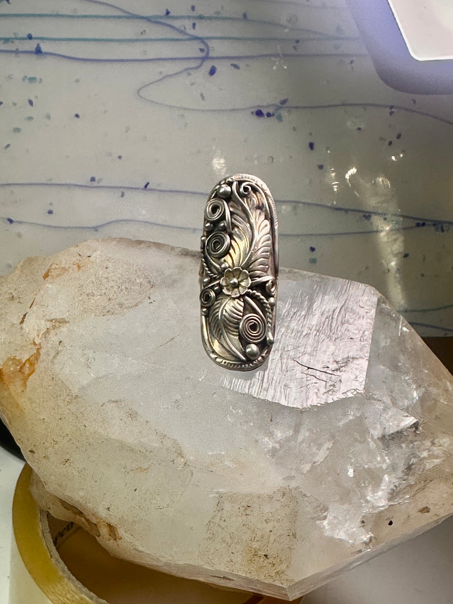 Long Navajo ring size 7.25 squash blossom leaves sterling silver women