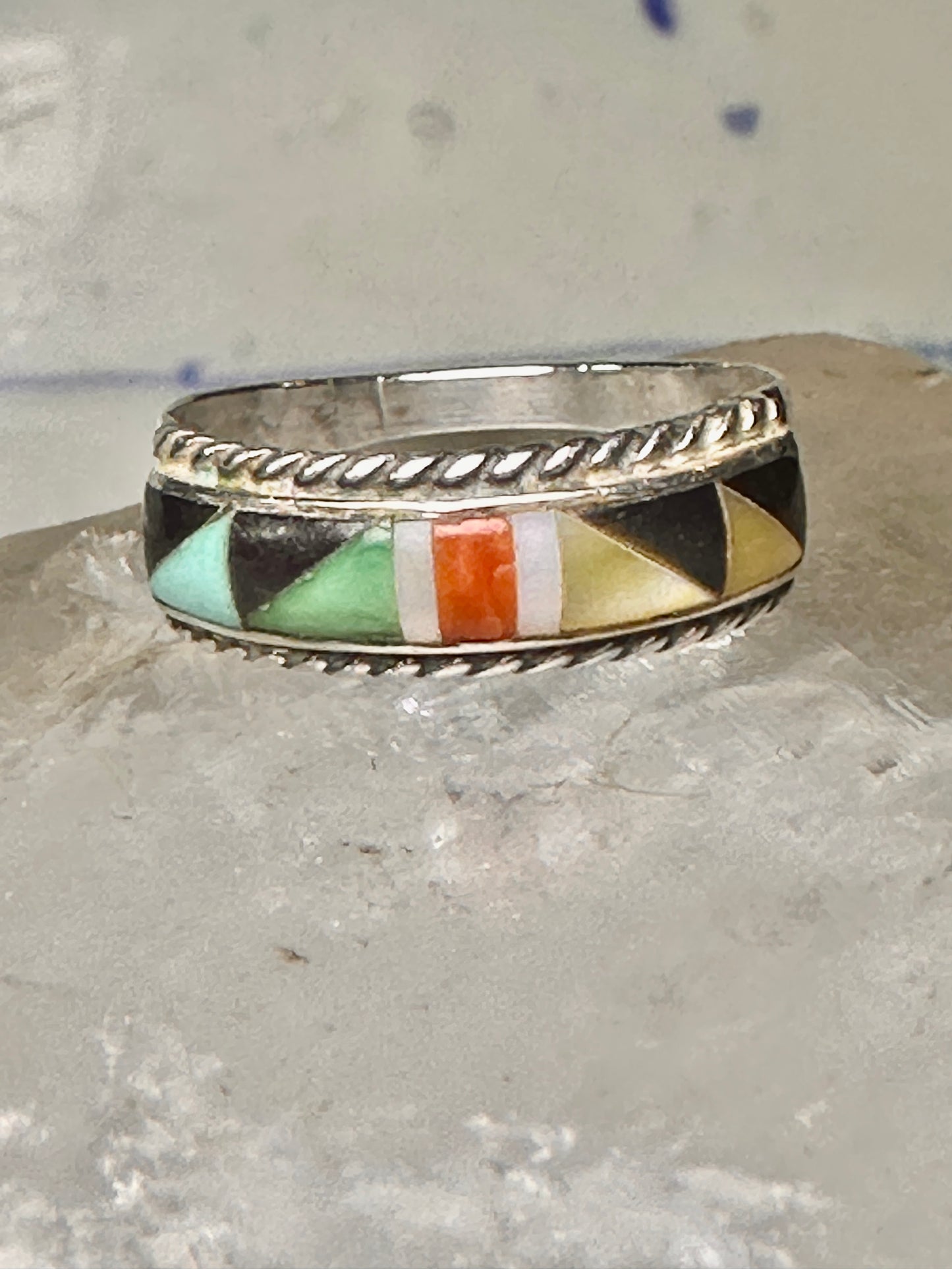 Zuni ring size 7.5 turquoise coral onyx MOP inlaid band sterling silver women men Andrew Dewa