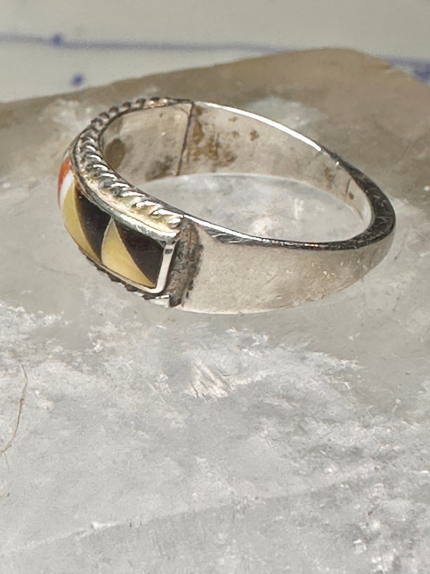 Zuni ring size 7.5 turquoise coral onyx MOP inlaid band sterling silver women men Andrew Dewa