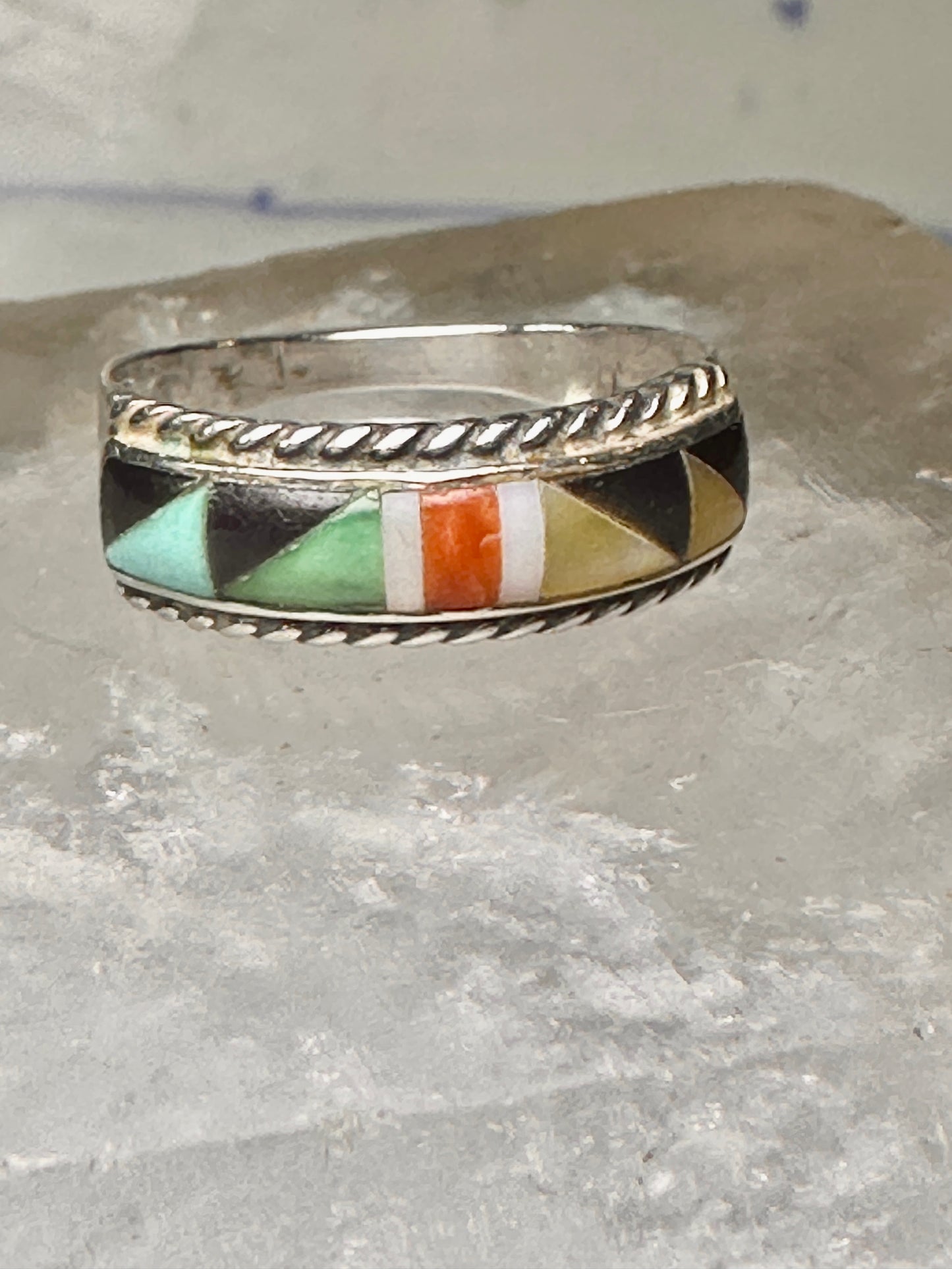 Zuni ring size 7.5 turquoise coral onyx MOP inlaid band sterling silver women men Andrew Dewa