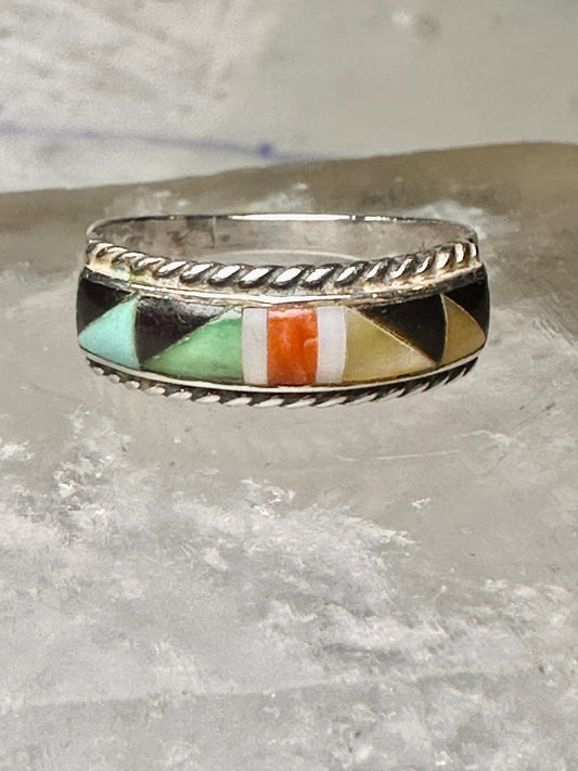 Zuni ring size 7.5 turquoise coral onyx MOP inlaid band sterling silver women men Andrew Dewa