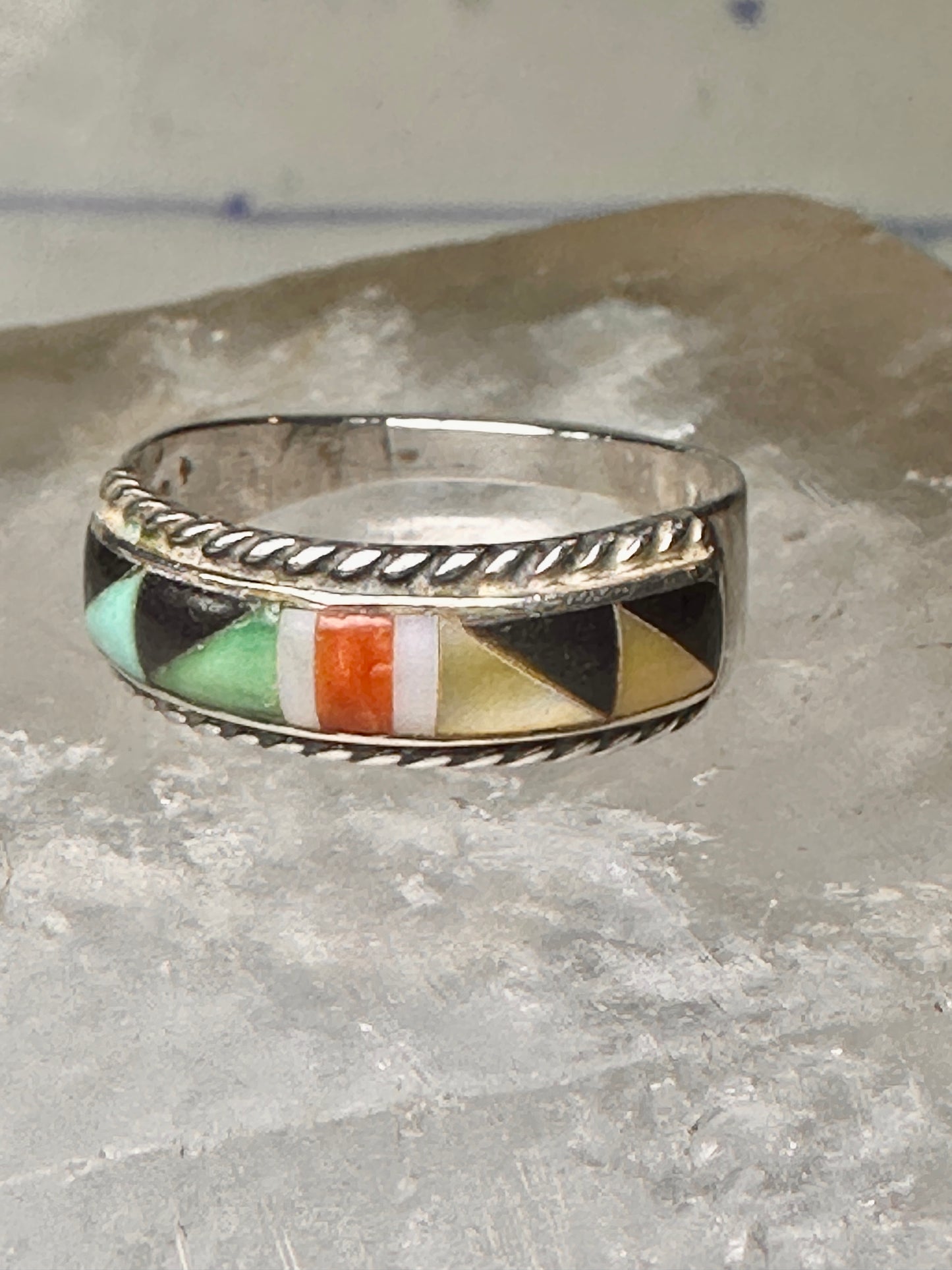 Zuni ring size 7.5 turquoise coral onyx MOP inlaid band sterling silver women men Andrew Dewa