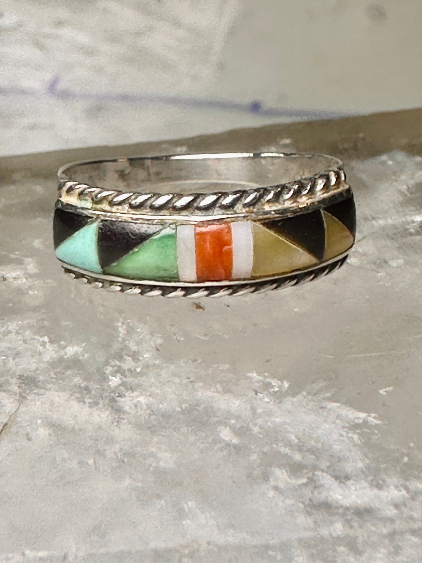 Zuni ring size 7.5 turquoise coral onyx MOP inlaid band sterling silver women men Andrew Dewa
