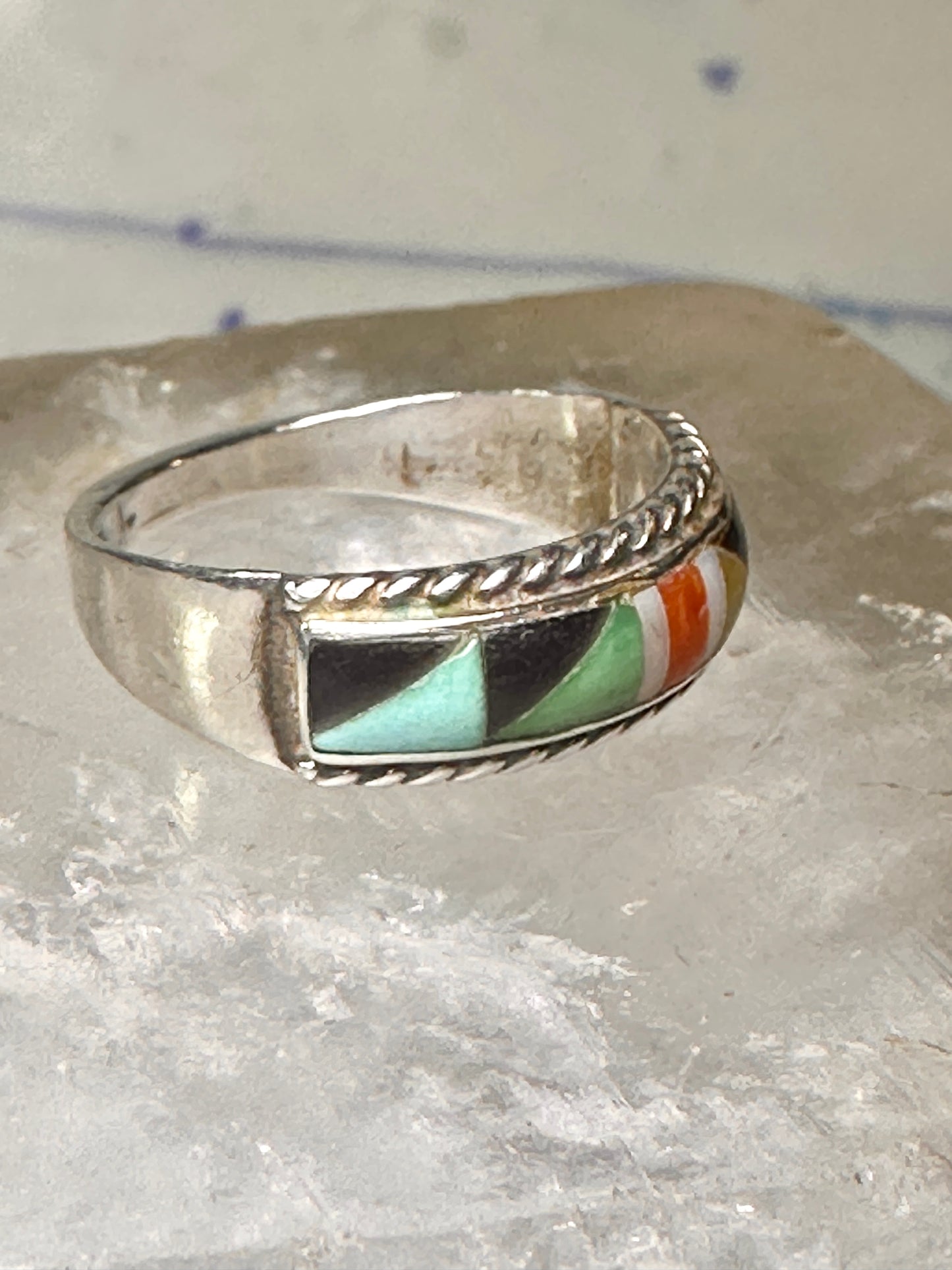 Zuni ring size 7.5 turquoise coral onyx MOP inlaid band sterling silver women men Andrew Dewa
