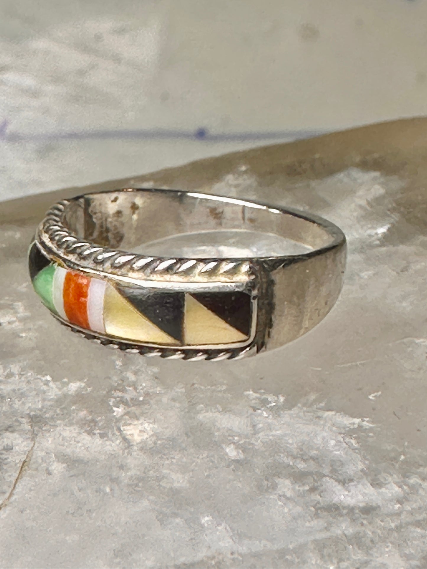 Zuni ring size 7.5 turquoise coral onyx MOP inlaid band sterling silver women men Andrew Dewa