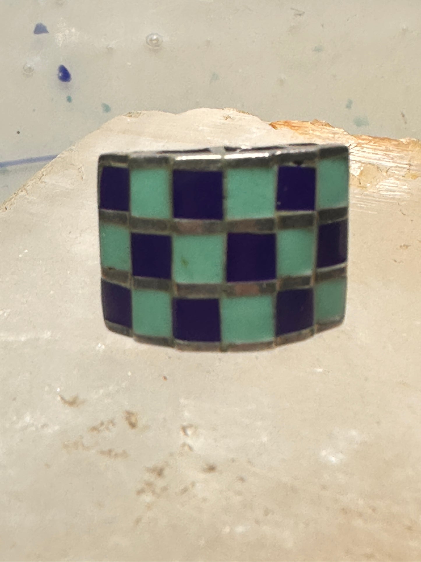 Vintage checkerboard ring cigar band blue lapis turquoise size 10.50 sterling silver women