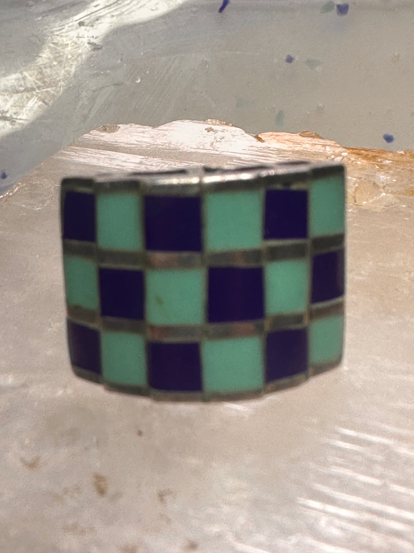 Vintage checkerboard ring cigar band blue lapis turquoise size 10.50 sterling silver women