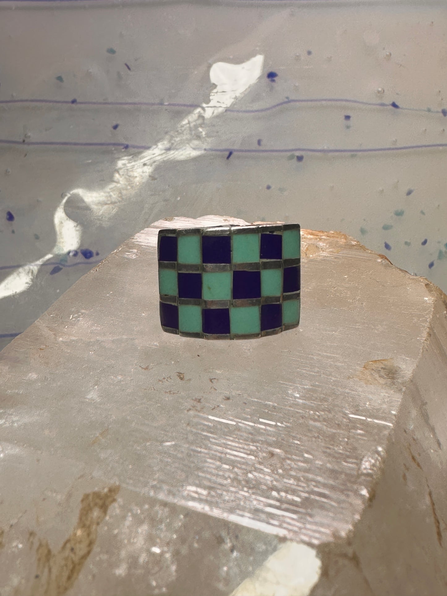 Vintage checkerboard ring cigar band blue lapis turquoise size 10.50 sterling silver women