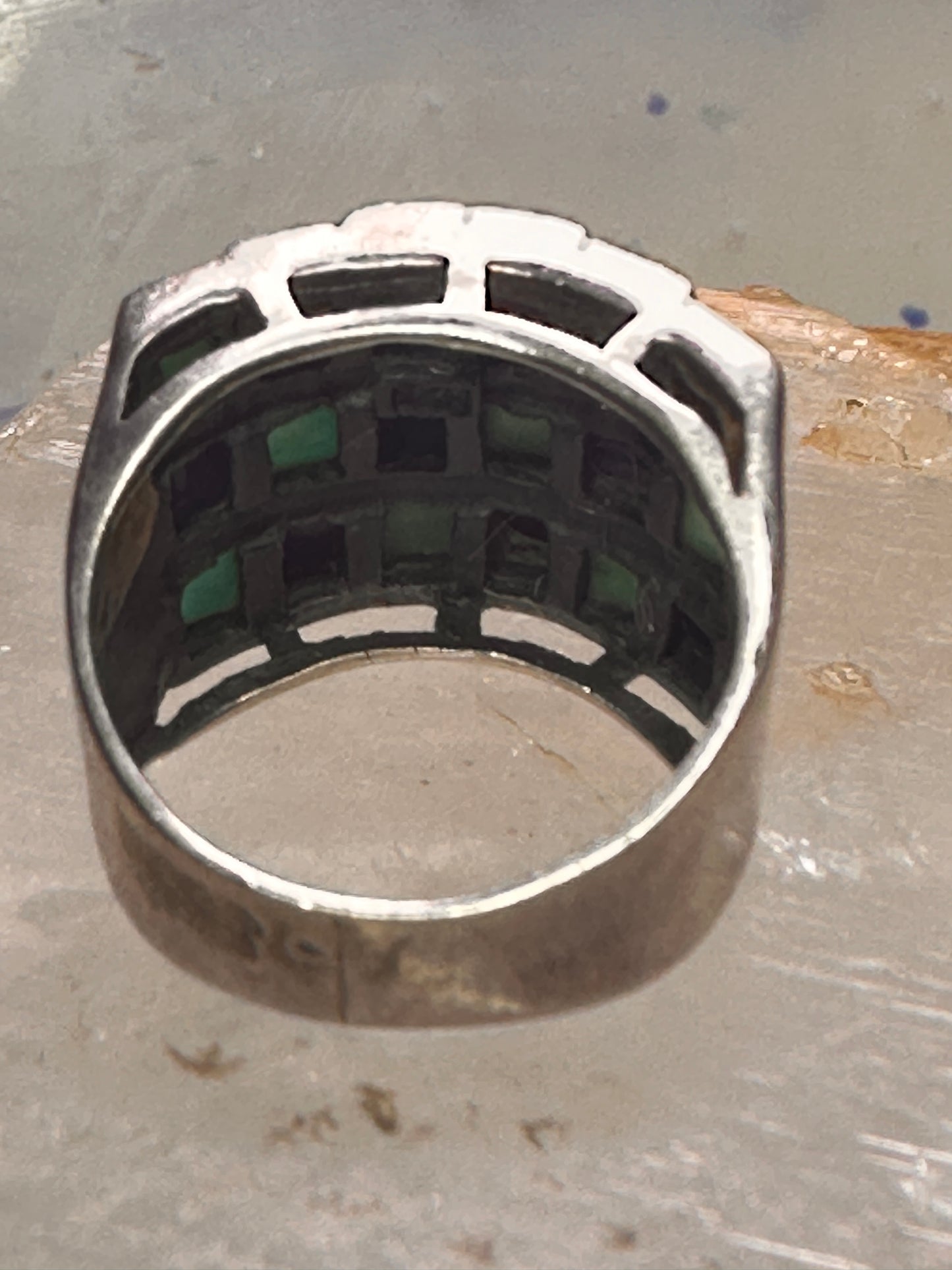 Vintage checkerboard ring cigar band blue lapis turquoise size 10.50 sterling silver women