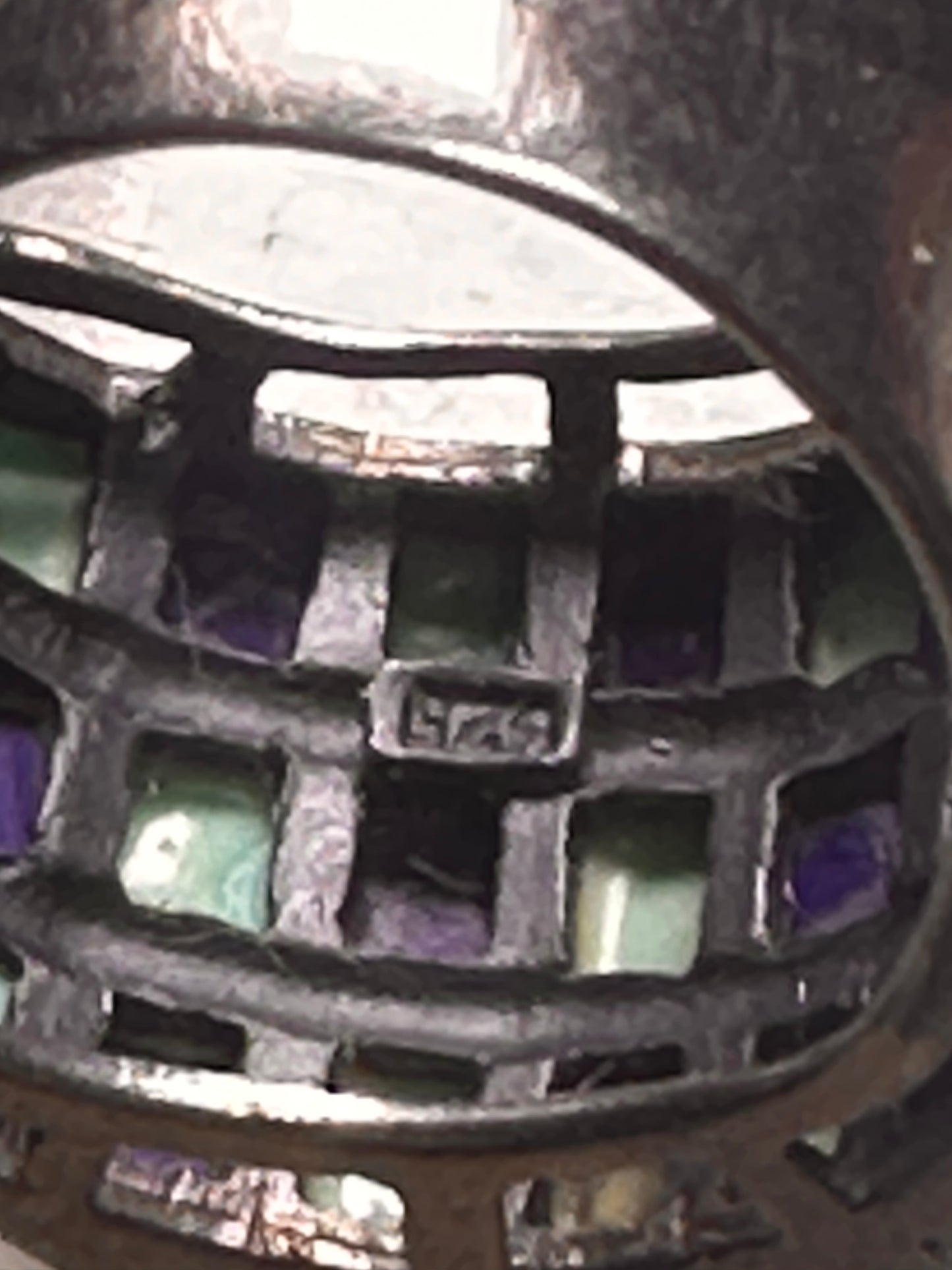 Vintage checkerboard ring cigar band blue lapis turquoise size 10.50 sterling silver women