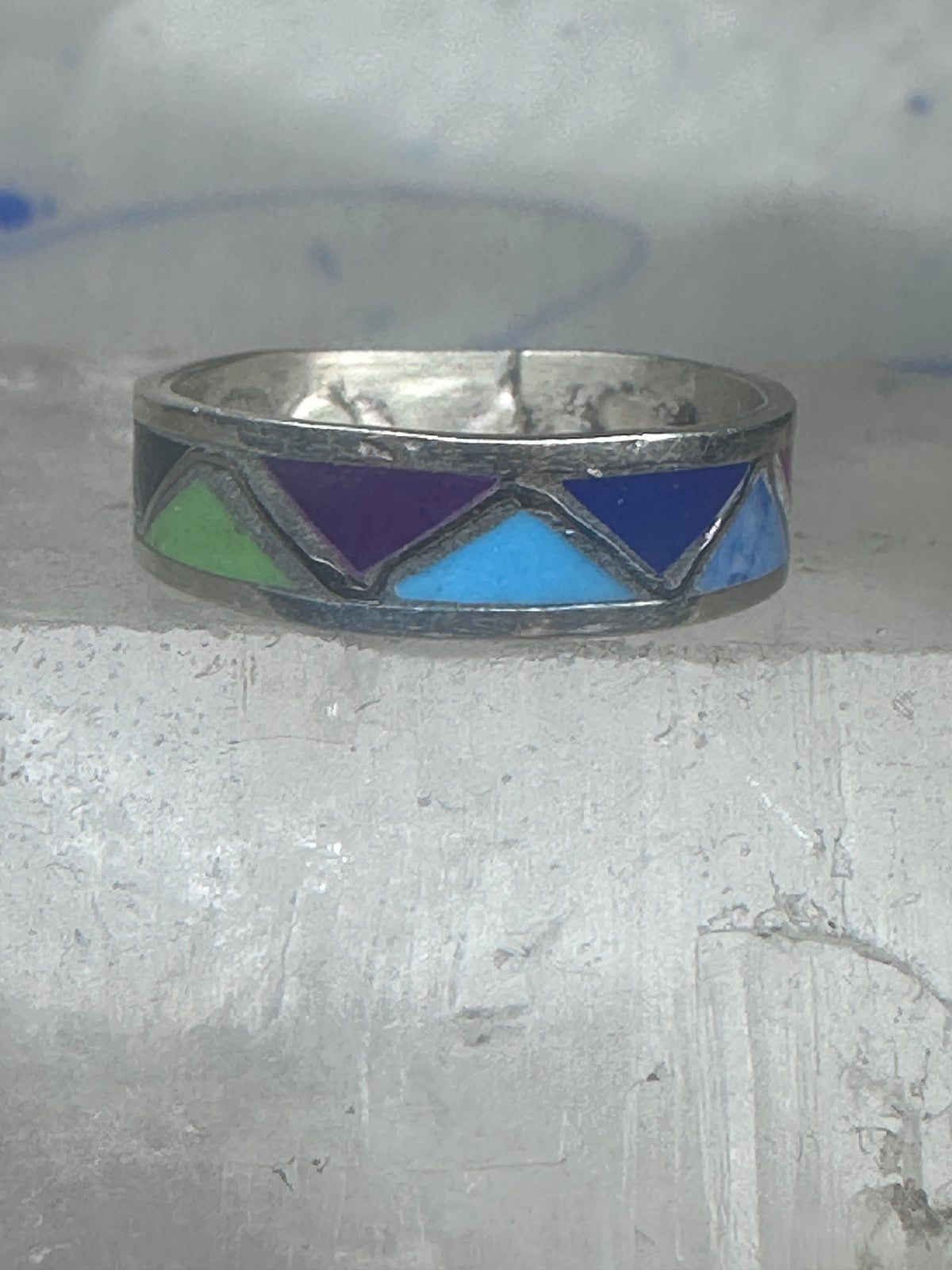 Vintage Sterling Silver Multi Stone Geometric Rough Inlay Band Ring Size 8.25 925