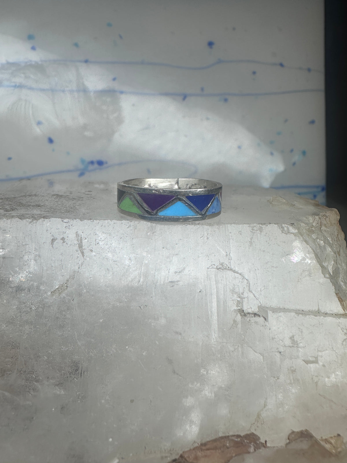Vintage Sterling Silver Multi Stone Geometric Rough Inlay Band Ring Size 8.25 925