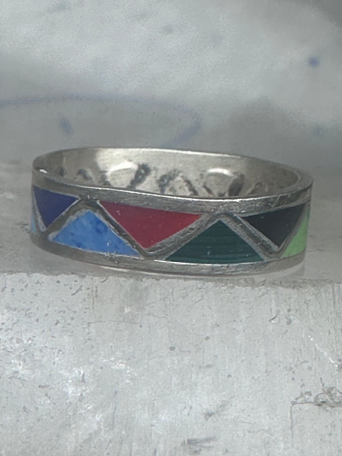 Vintage Sterling Silver Multi Stone Geometric Rough Inlay Band Ring Size 8.25 925