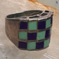 Vintage checkerboard ring cigar band blue lapis turquoise size 10.50 sterling silver women