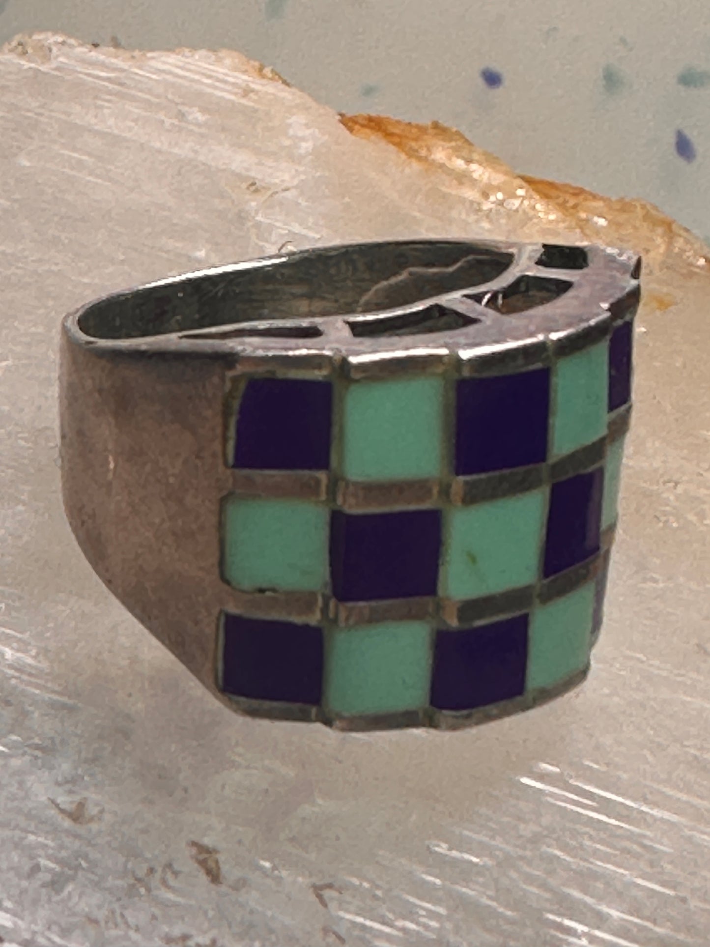 Vintage checkerboard ring cigar band blue lapis turquoise size 10.50 sterling silver women