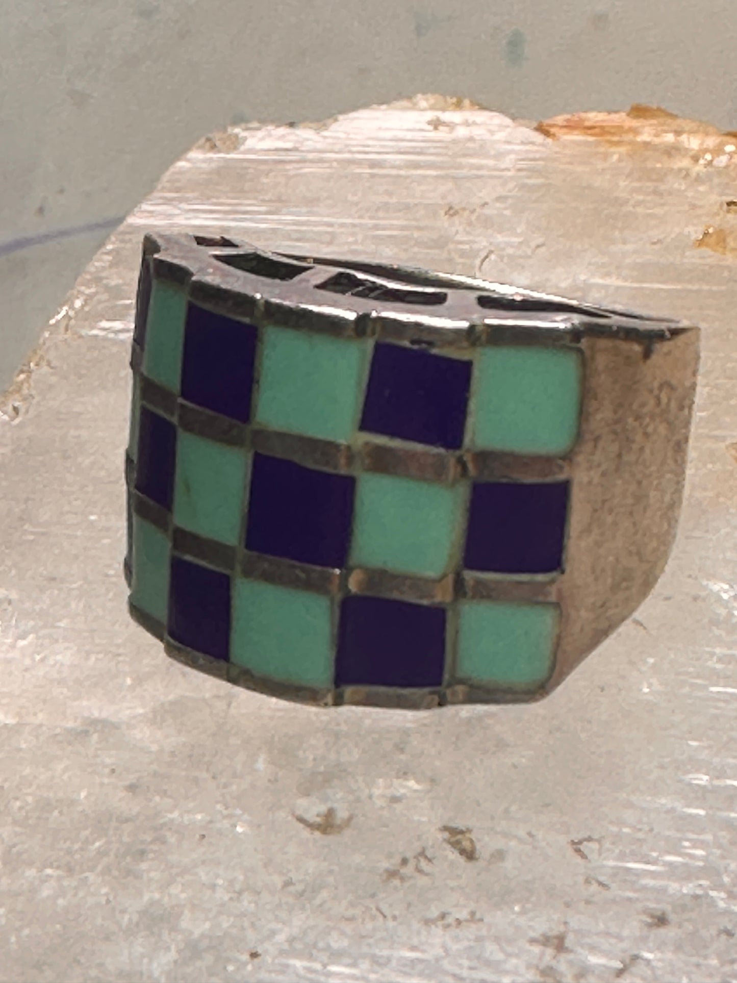 Vintage checkerboard ring cigar band blue lapis turquoise size 10.50 sterling silver women