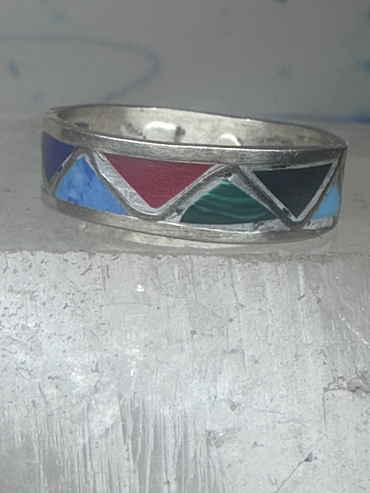 Vintage Sterling Silver Multi Stone Geometric Rough Inlay Band Ring Size 8.25 925