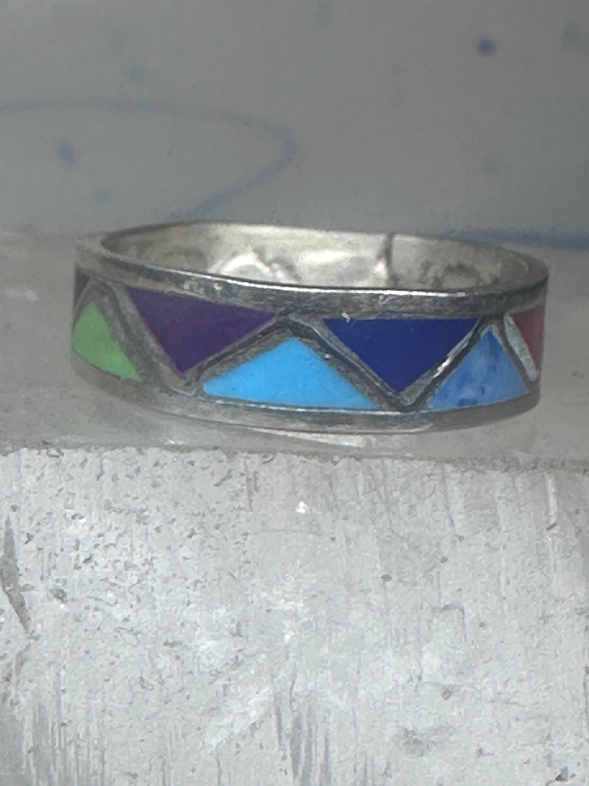 Vintage Sterling Silver Multi Stone Geometric Rough Inlay Band Ring Size 8.25 925