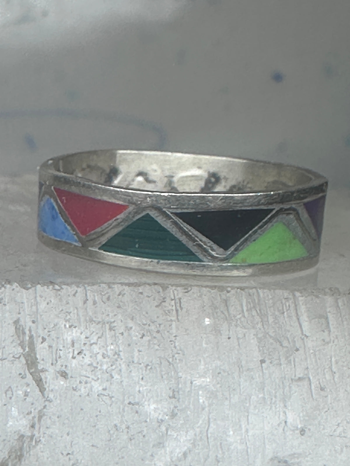 Vintage Sterling Silver Multi Stone Geometric Rough Inlay Band Ring Size 8.25 925