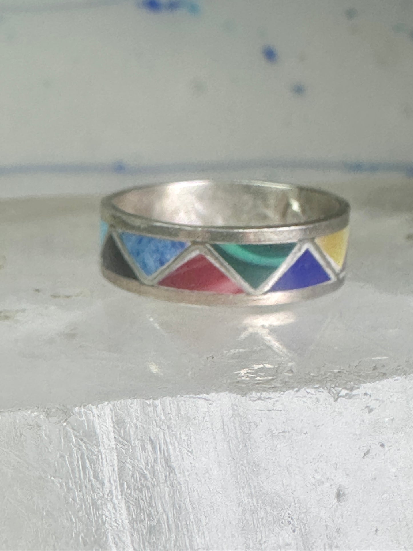 Zuni turquoise ring malachite lapis wedding band Size 7 Vintage sterling silver women men