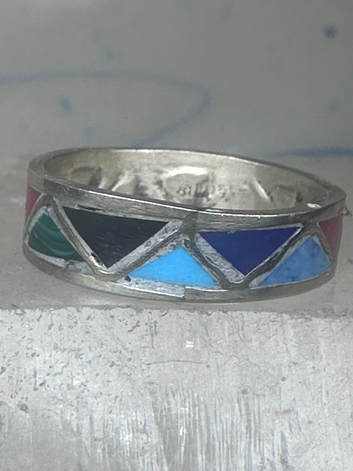Vintage Sterling Silver Multi Stone Geometric Rough Inlay Band Ring Size 8.25 925