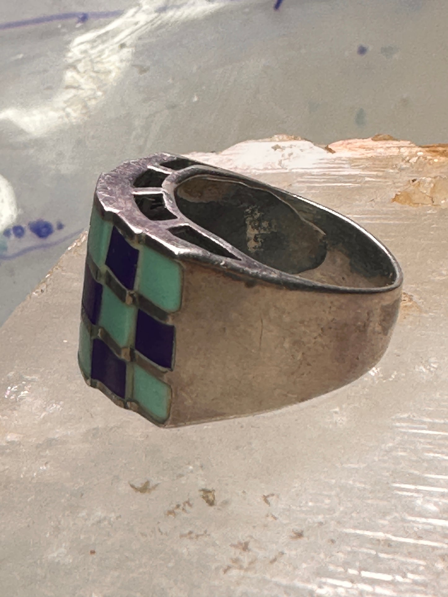 Vintage checkerboard ring cigar band blue lapis turquoise size 10.50 sterling silver women