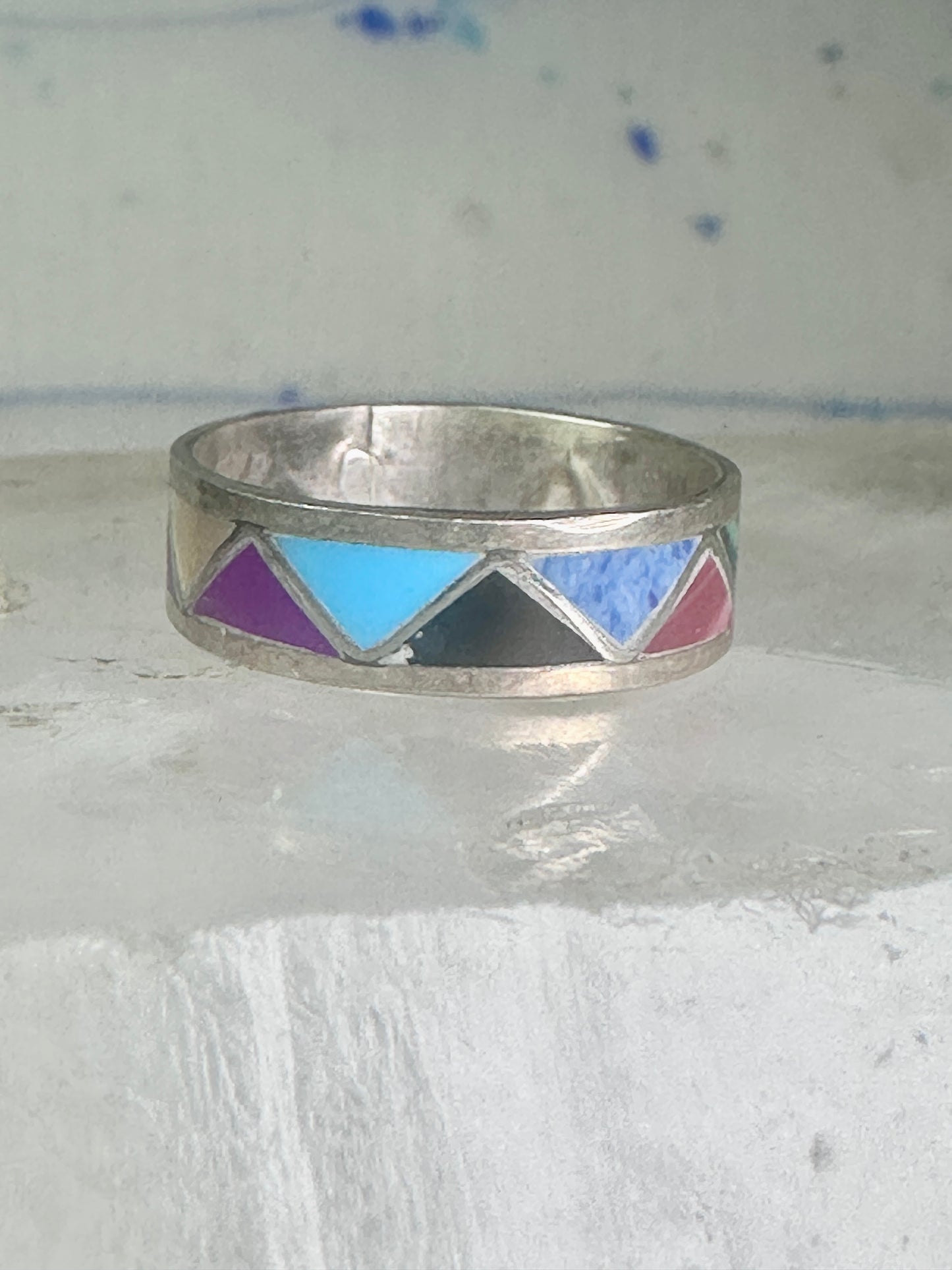 Zuni turquoise ring malachite lapis wedding band Size 7 Vintage sterling silver women men