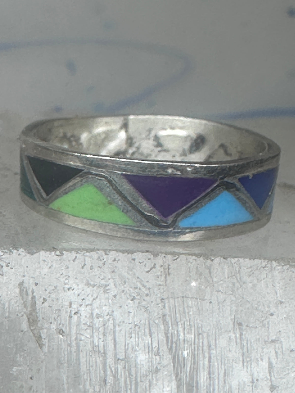 Vintage Sterling Silver Multi Stone Geometric Rough Inlay Band Ring Size 8.25 925