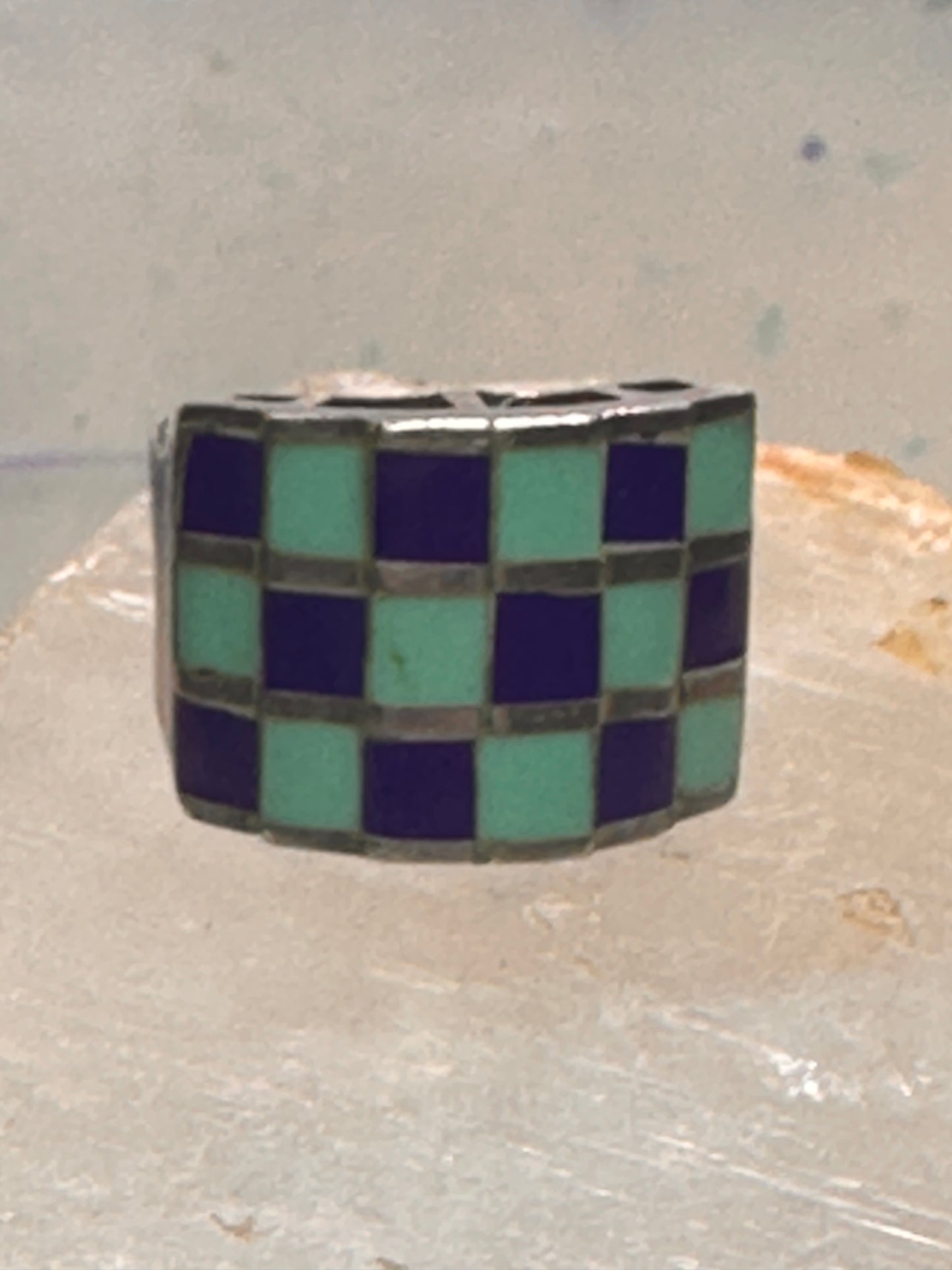 Vintage checkerboard ring cigar band blue lapis turquoise size 10.50 sterling silver women