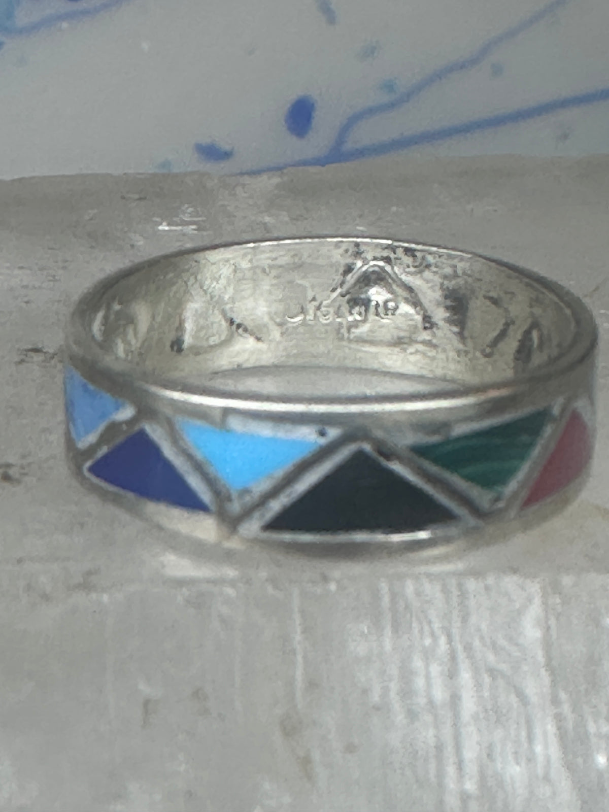 Vintage Sterling Silver Multi Stone Geometric Rough Inlay Band Ring Size 8.25 925