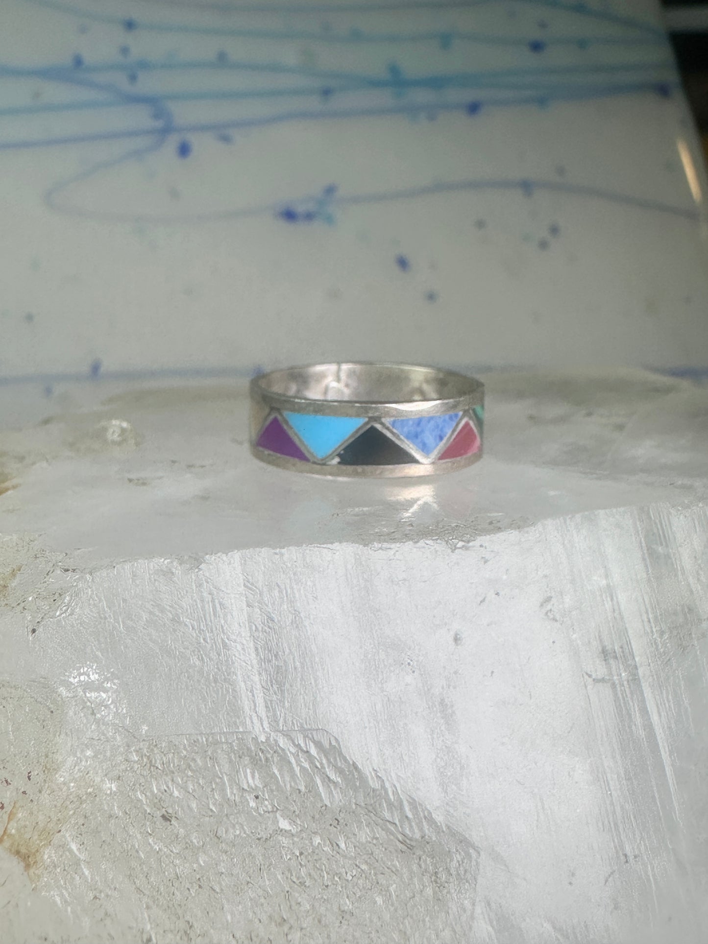 Zuni turquoise ring malachite lapis wedding band Size 7 Vintage sterling silver women men
