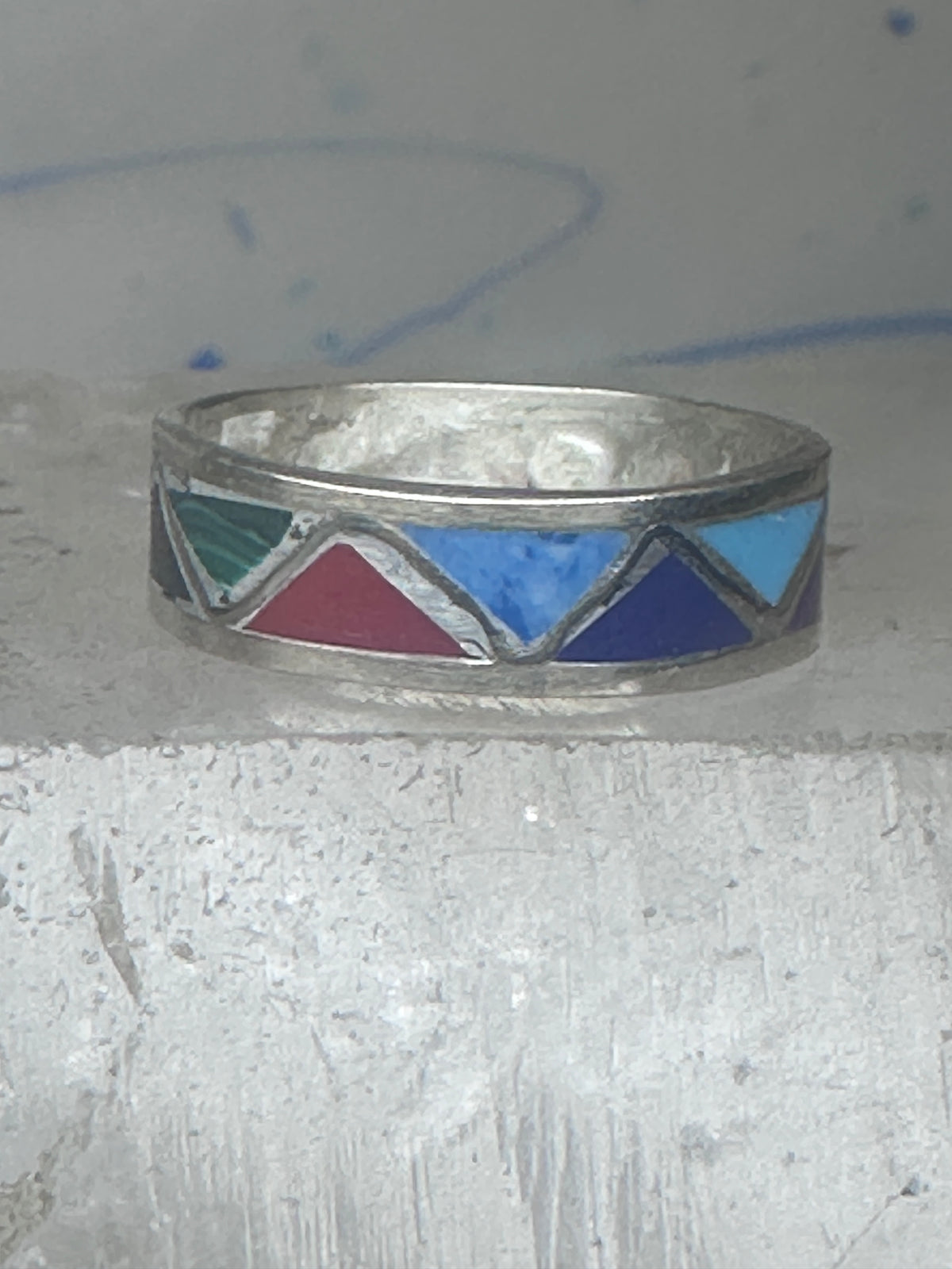 Vintage Sterling Silver Multi Stone Geometric Rough Inlay Band Ring Size 8.25 925