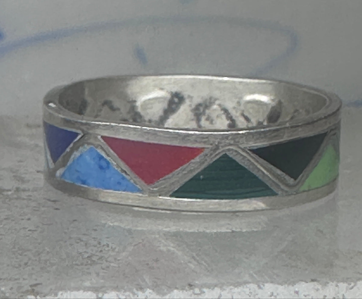 Vintage Sterling Silver Multi Stone Geometric Rough Inlay Band Ring Size 8.25 925