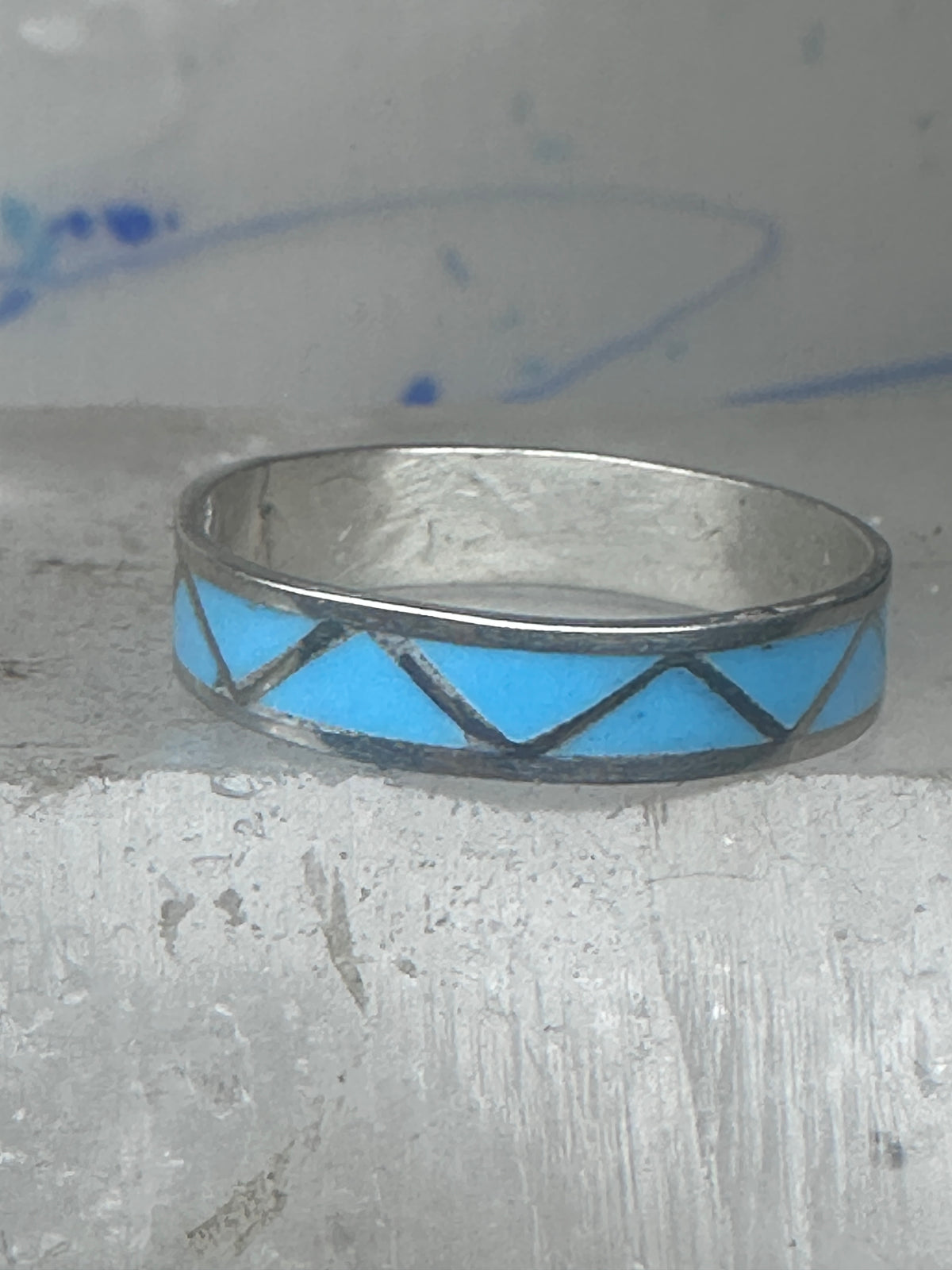 Vintage Sterling Silver Zuni Reconstituted Turquoise Inlay Wedding Band Ring Size 11.25 925