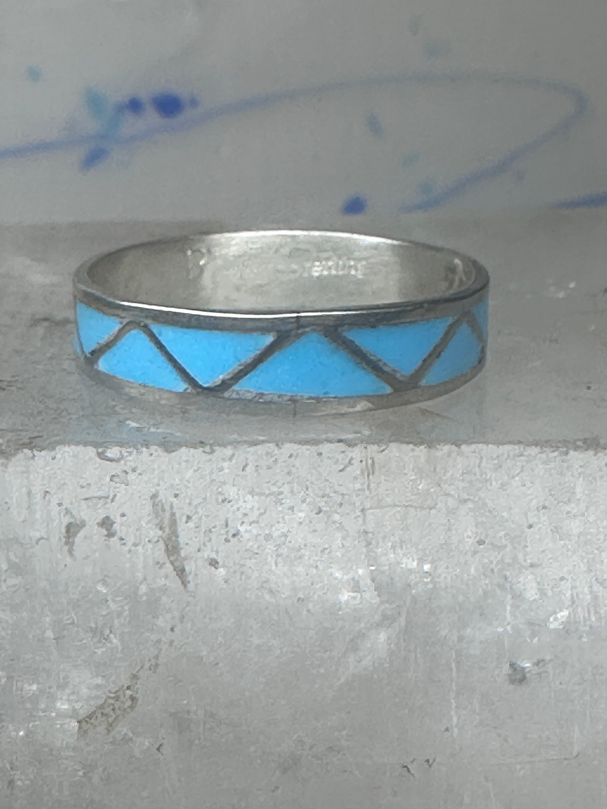 Vintage Sterling Silver Zuni Reconstituted Turquoise Inlay Wedding Band Ring Size 11.25 925