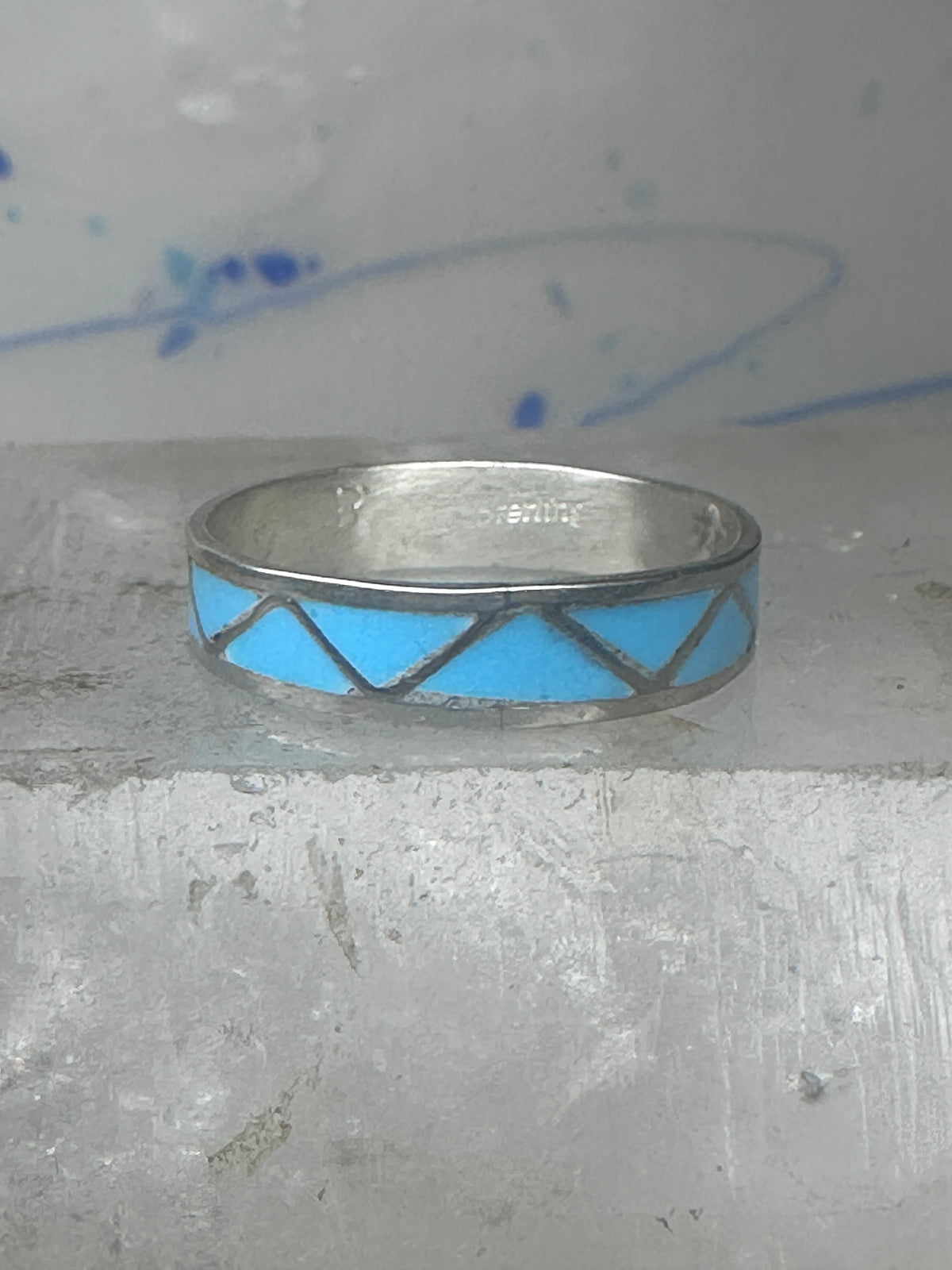 Vintage Sterling Silver Zuni Reconstituted Turquoise Inlay Wedding Band Ring Size 11.25 925