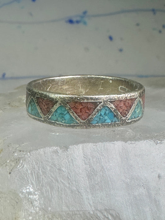 Zuni turquoise ring coral wedding band Size 12.25 Vintage sterling silver women men