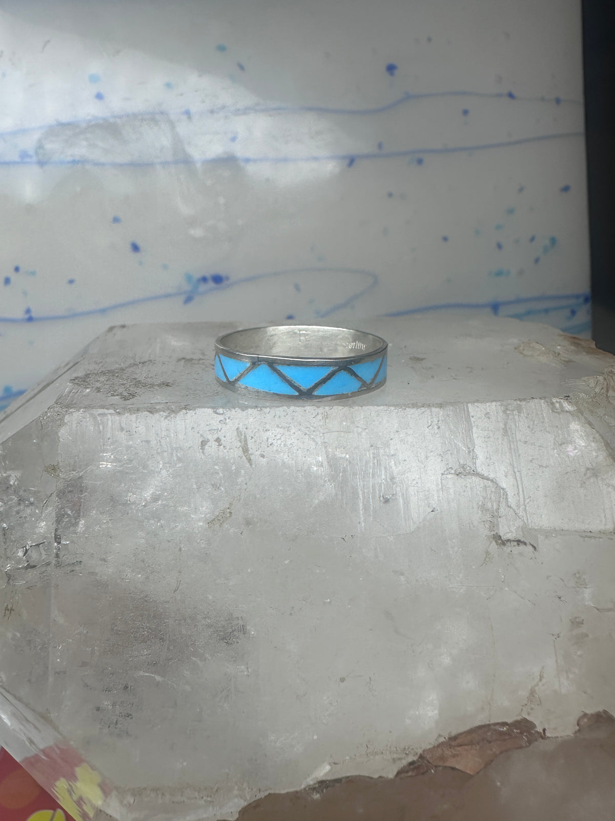 Vintage Sterling Silver Zuni Reconstituted Turquoise Inlay Wedding Band Ring Size 11.25 925