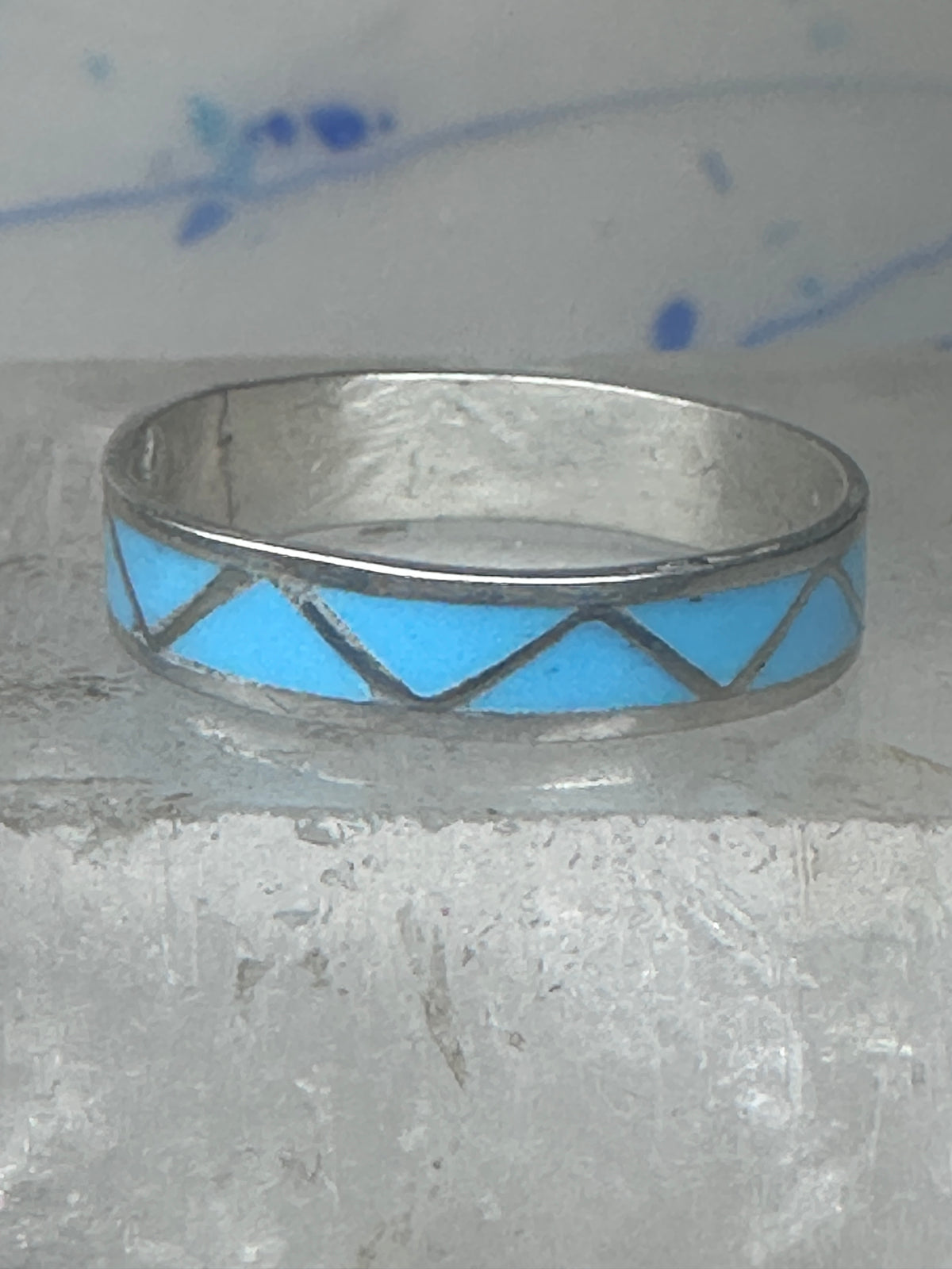 Vintage Sterling Silver Zuni Reconstituted Turquoise Inlay Wedding Band Ring Size 11.25 925